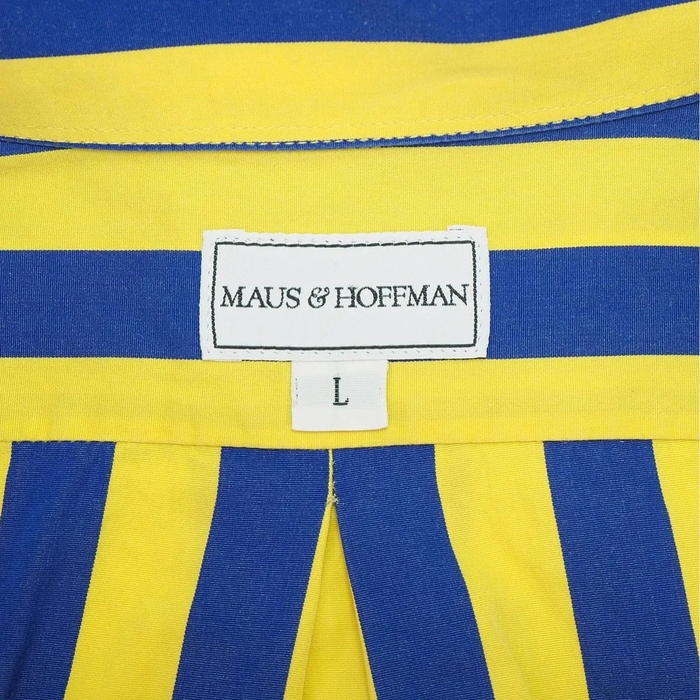 Maus & Hoffman Button Down Shirt Mens Large Yellow Blue Striped Pocket Cotton